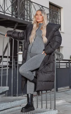 Black Chevron Quilted Maxi Puffer Coat