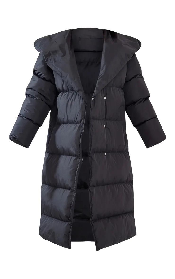 Black Chevron Quilted Maxi Puffer Coat