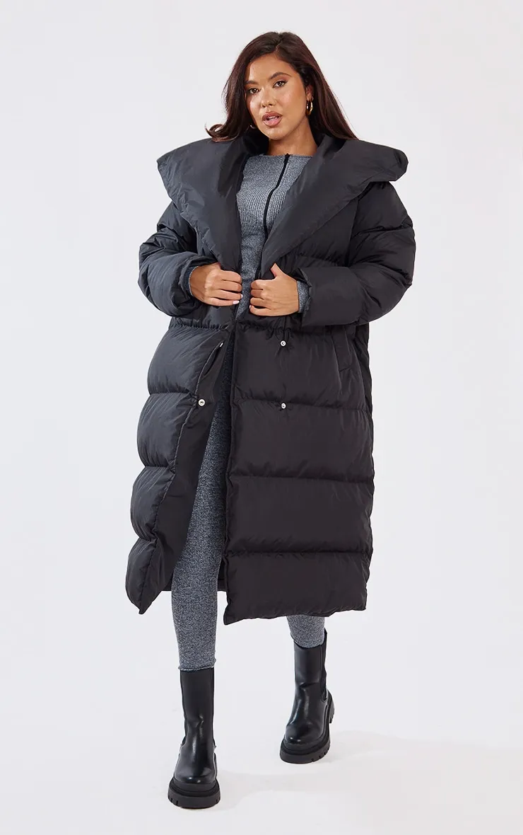 Black Chevron Quilted Maxi Puffer Coat