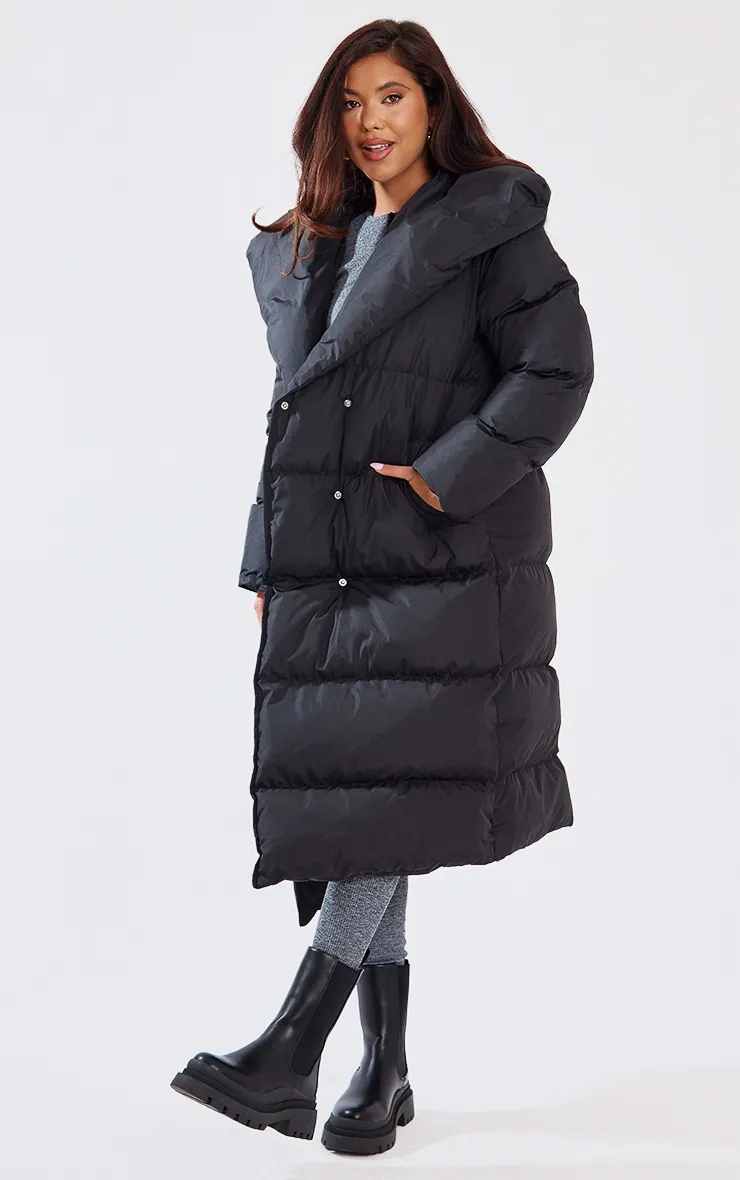 Black Chevron Quilted Maxi Puffer Coat