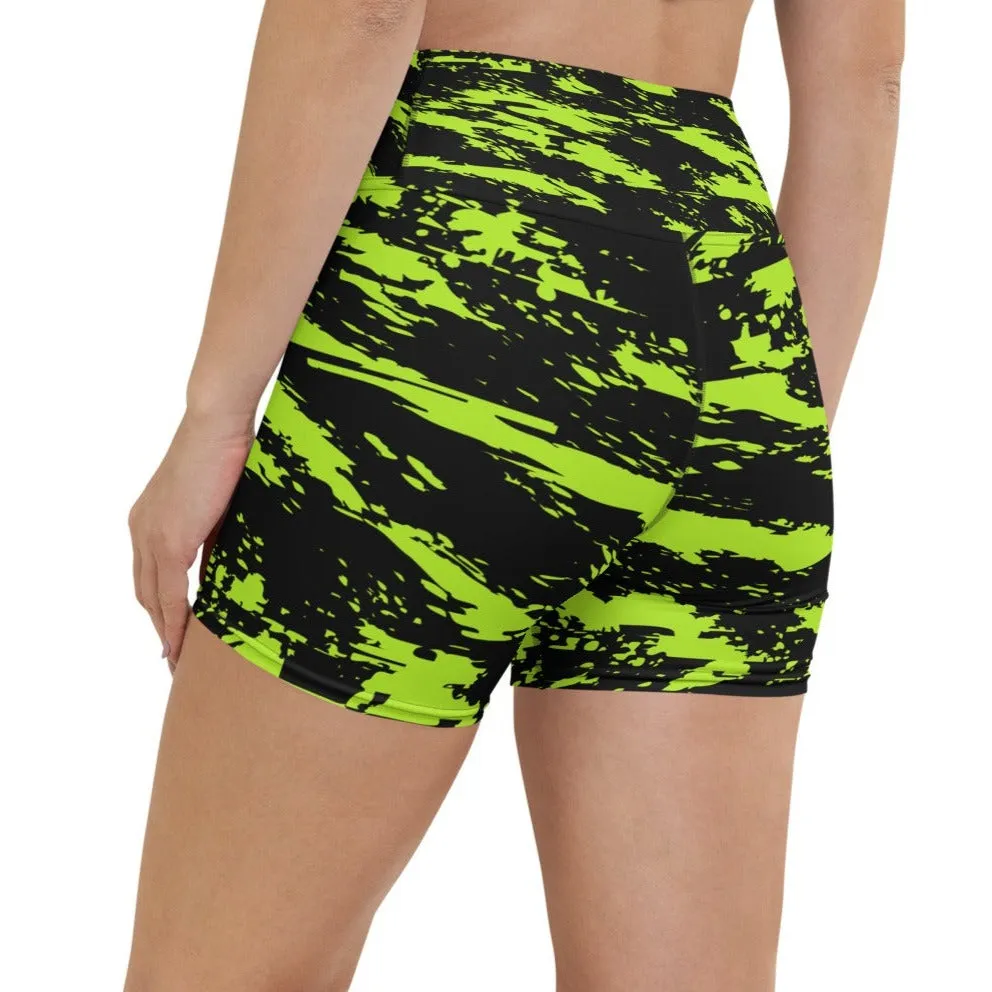 Black Lime Bolt Glitch Rave Ready Yoga Shorts w/ Inside Pocket