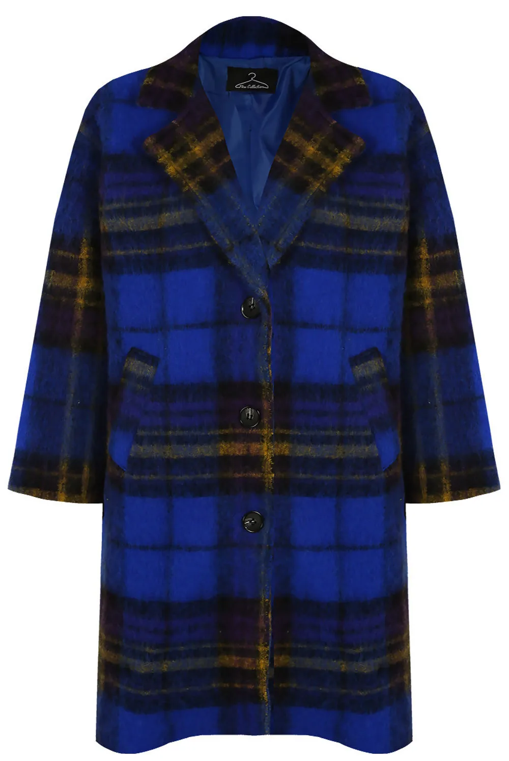 Blue Tartan Check Wool Blend Coat