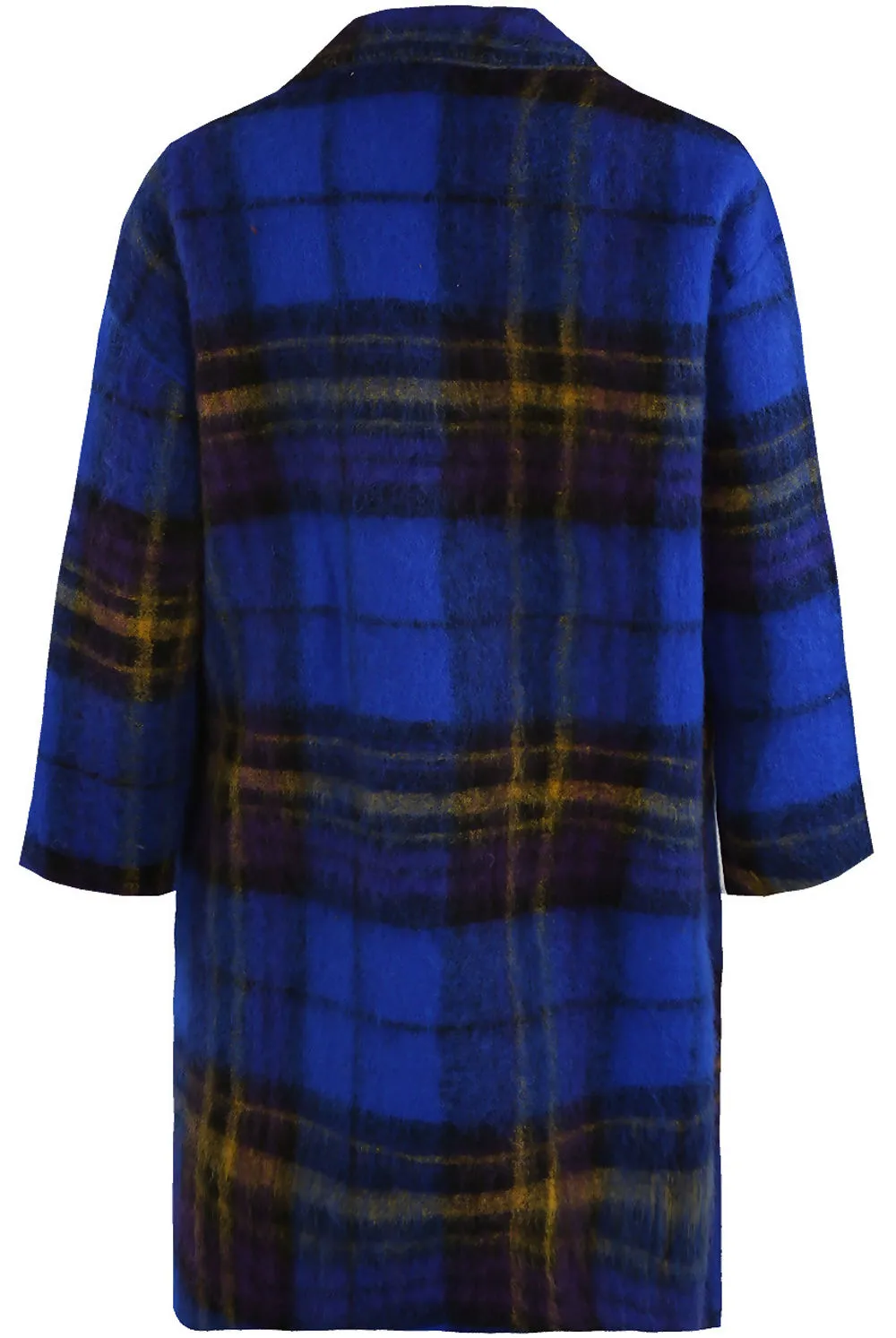 Blue Tartan Check Wool Blend Coat