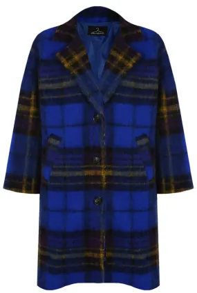 Blue Tartan Check Wool Blend Coat