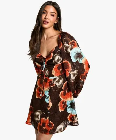 boohoo Womens Boho Floral Blouson Sleeve Skater Dress