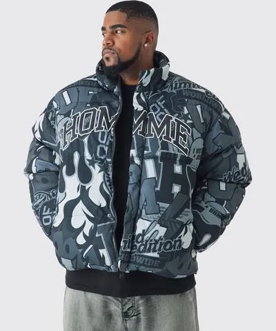 boohooMAN Mens Plus Printed Funnel Neck Mesh Puffer Jacket In Black