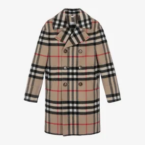 Boys Beige Wool Vintage Check Coat