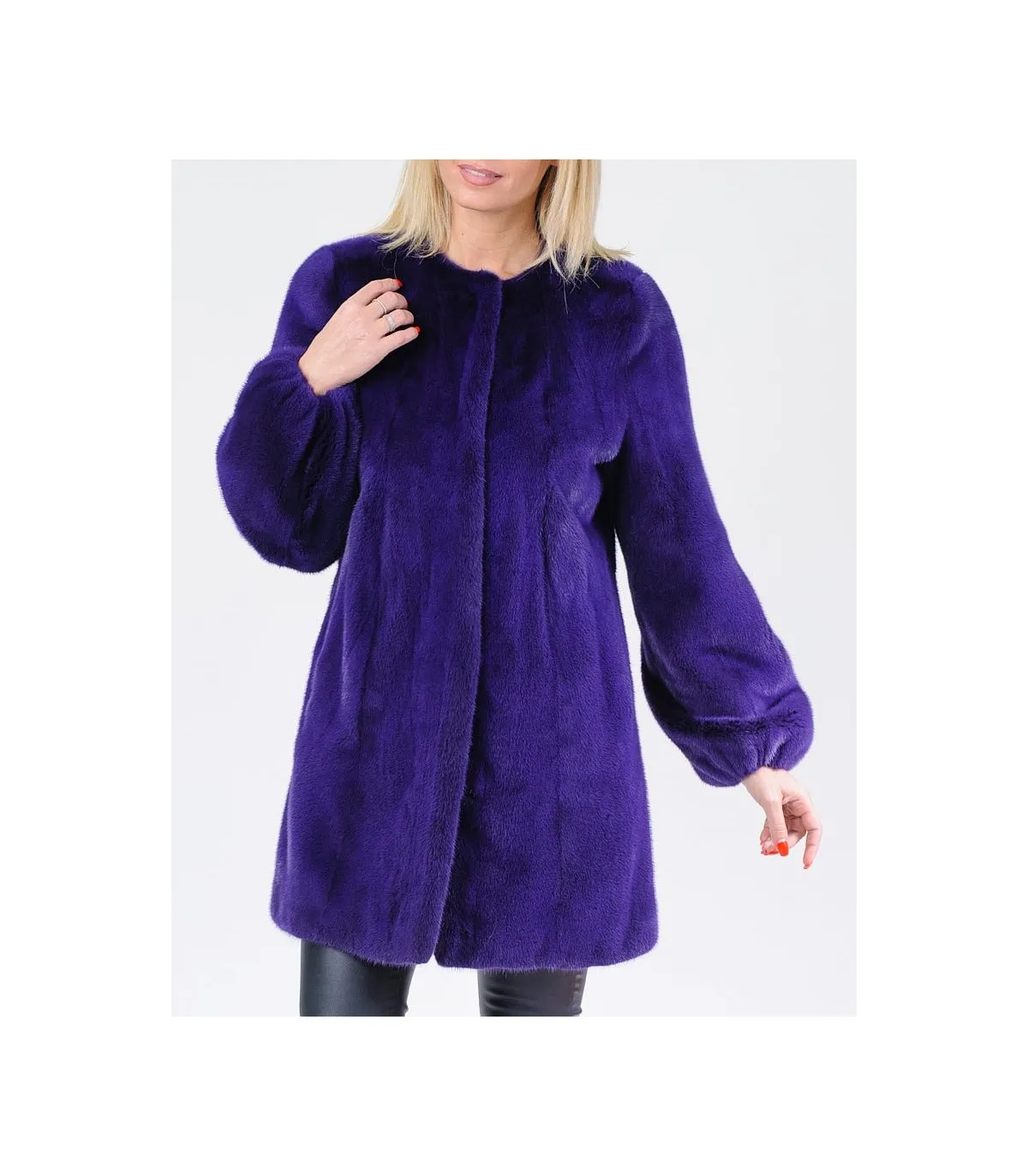 Collarless Purple Mink Fur Coat: FurSource.com