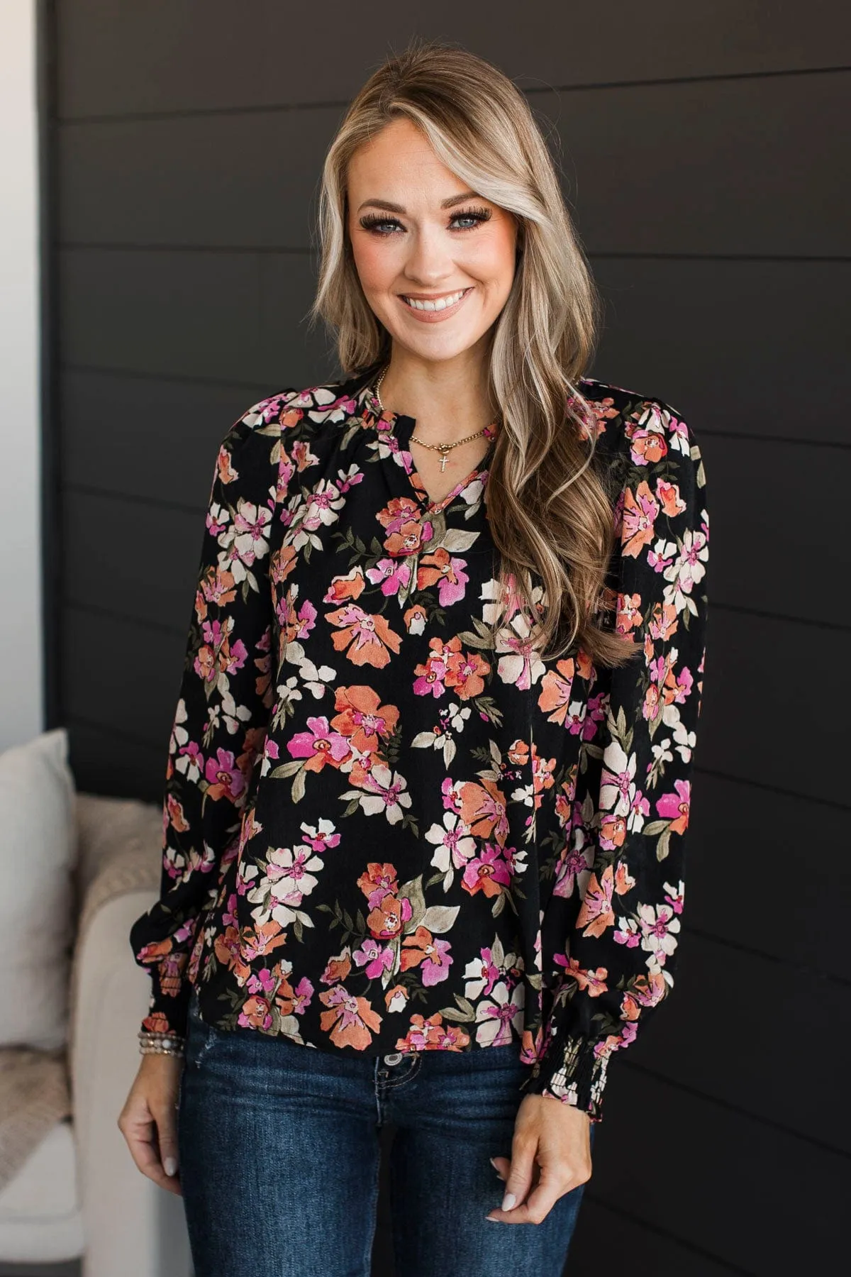 Counting On You Floral Blouse- Black