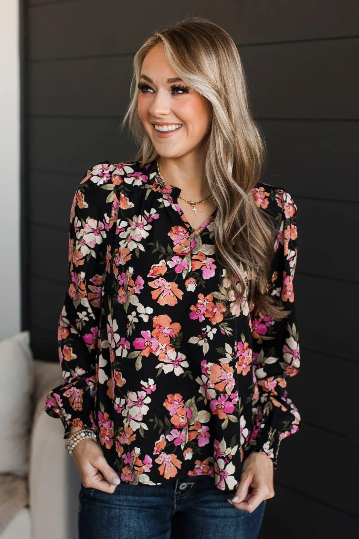 Counting On You Floral Blouse- Black