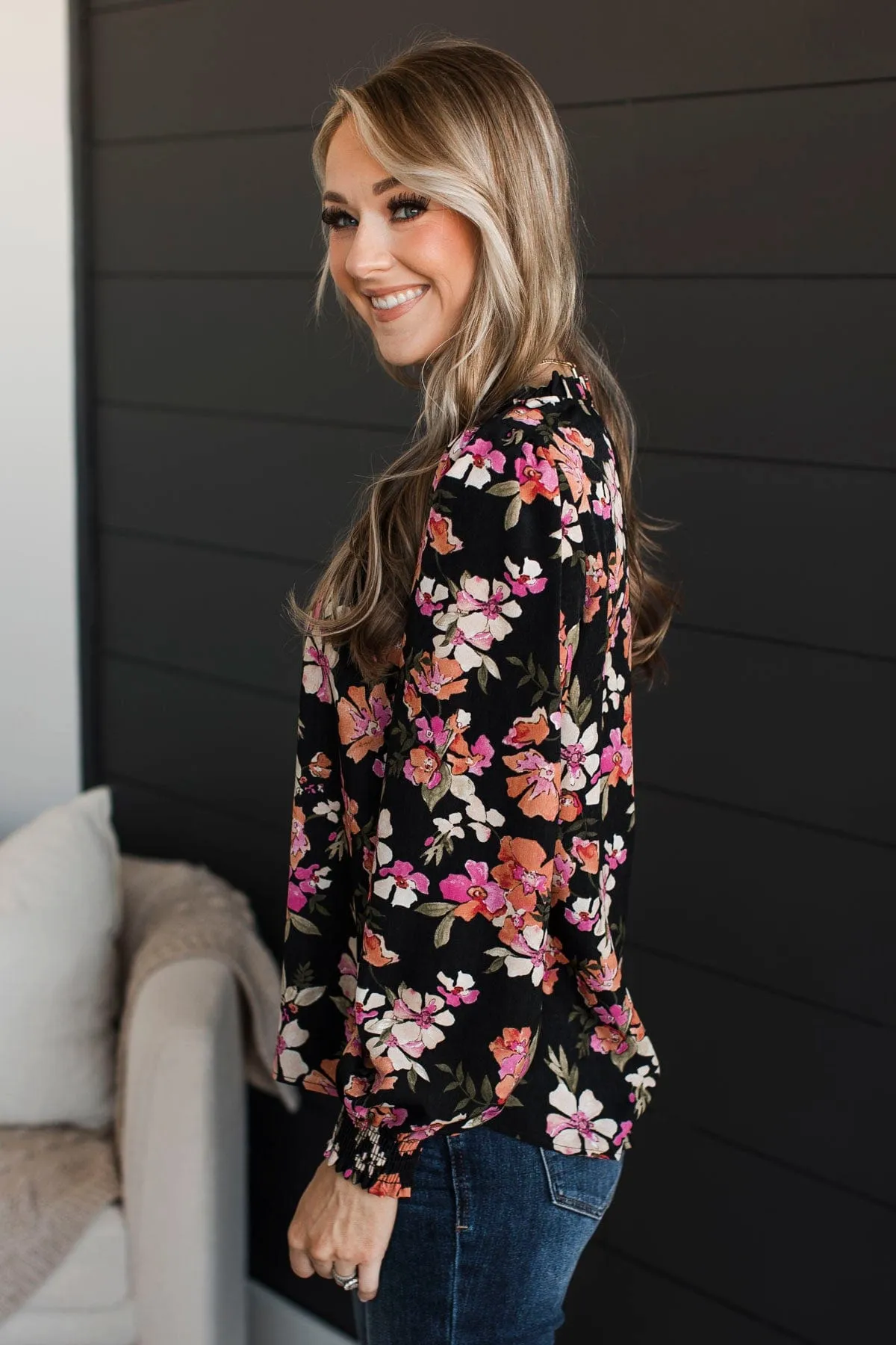 Counting On You Floral Blouse- Black