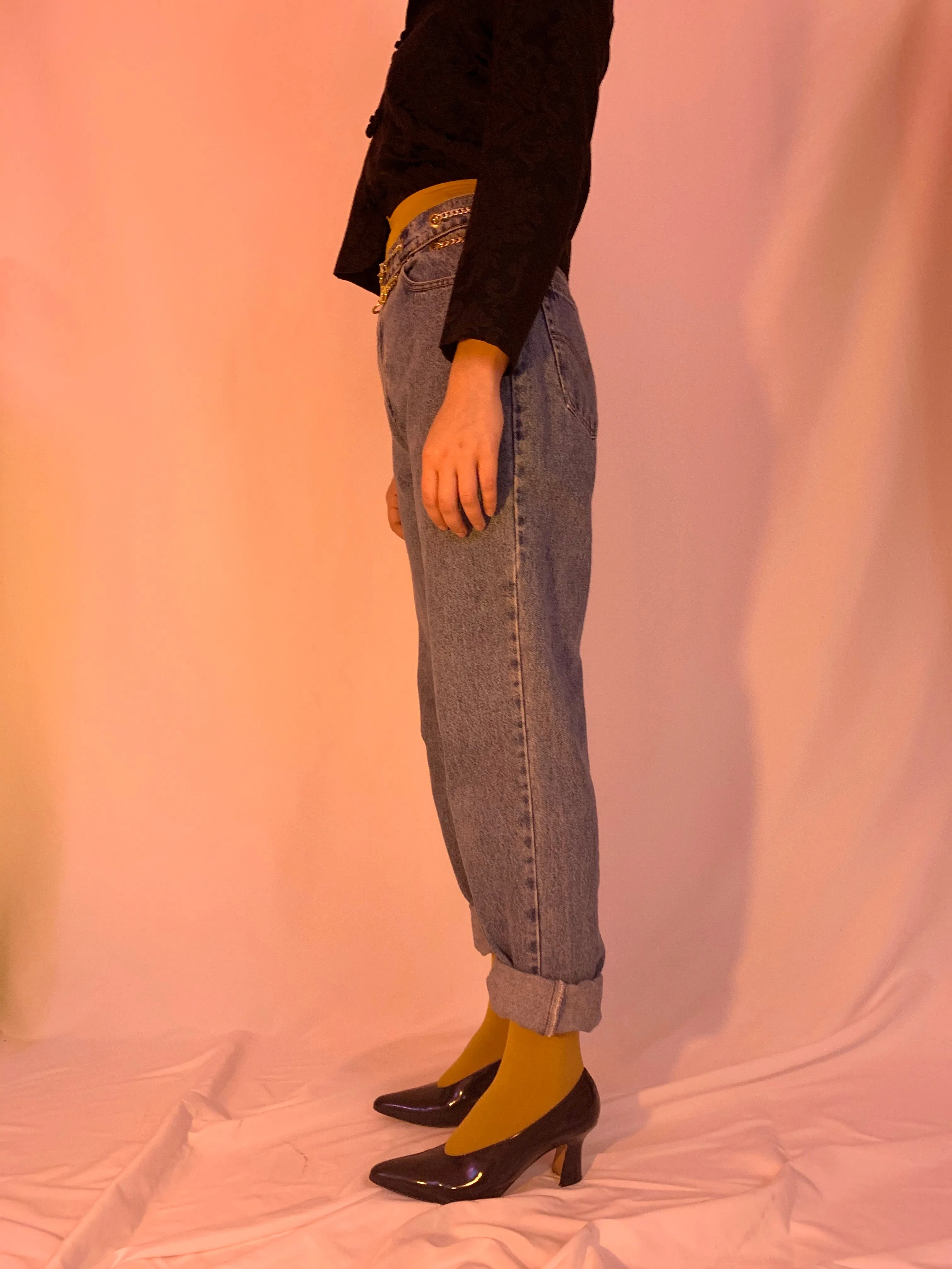 Custom double chain belt mom jeans