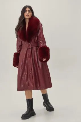 Faux Leather Fur Trimmed Belted Coat