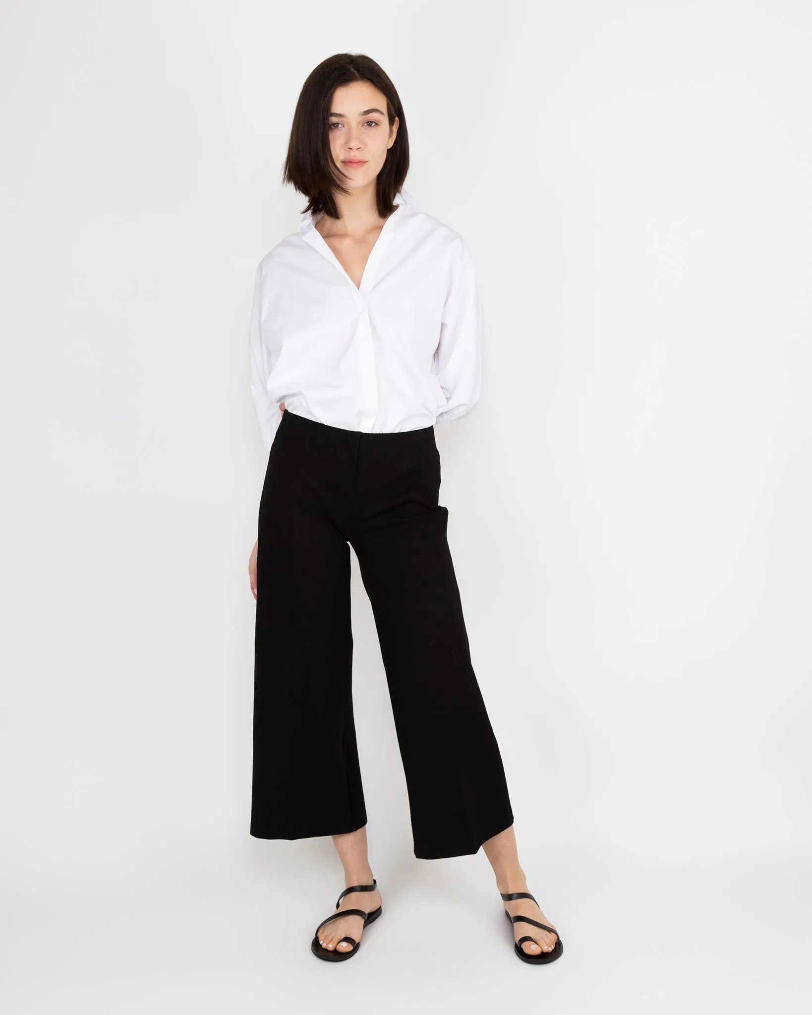 Faye Wide-Leg Cropped Pant in Black Ponte Knit