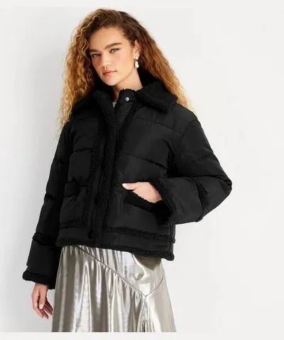 Future Collective Women's Shearling Trim Button-Front Puffer Jacket