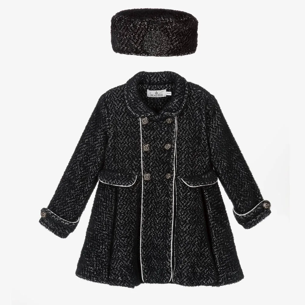 Girls Black Coat & Hat Set