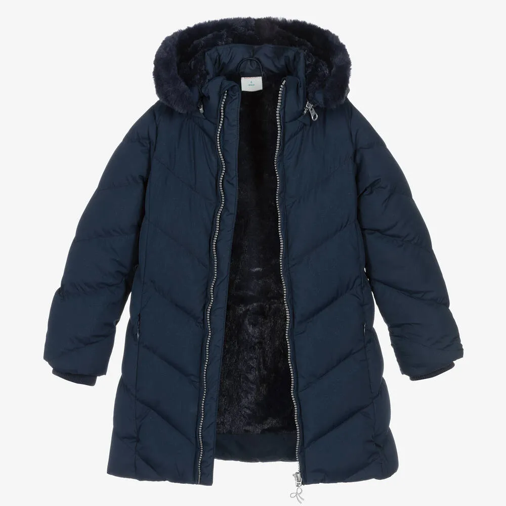 Girls Navy Blue Hooded Puffer Coat