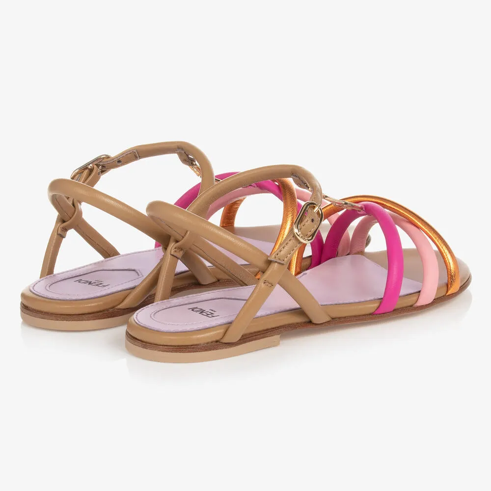 Girls Pink Leather FF Logo Sandals