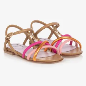 Girls Pink Leather FF Logo Sandals