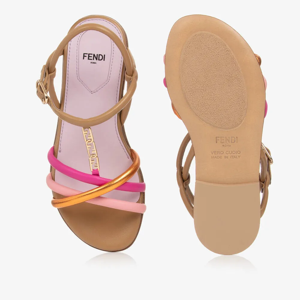 Girls Pink Leather FF Logo Sandals