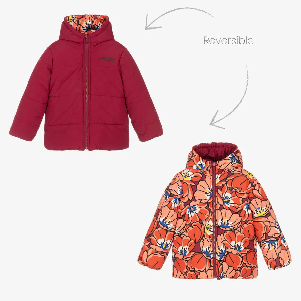 Girls Purple Flower Reversible Puffer Coat