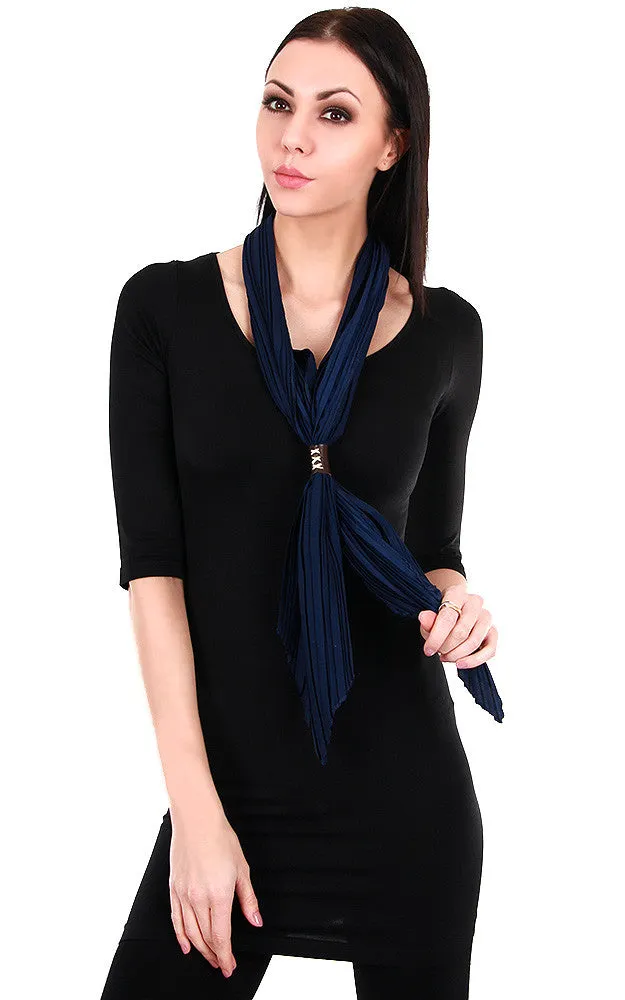 GPO414 Navy Skinny Pleated With Ring Holder Scarf