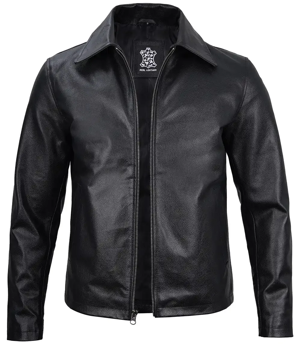 Harrington Men's Black Shirt Collar Cowhide Leather Jacket