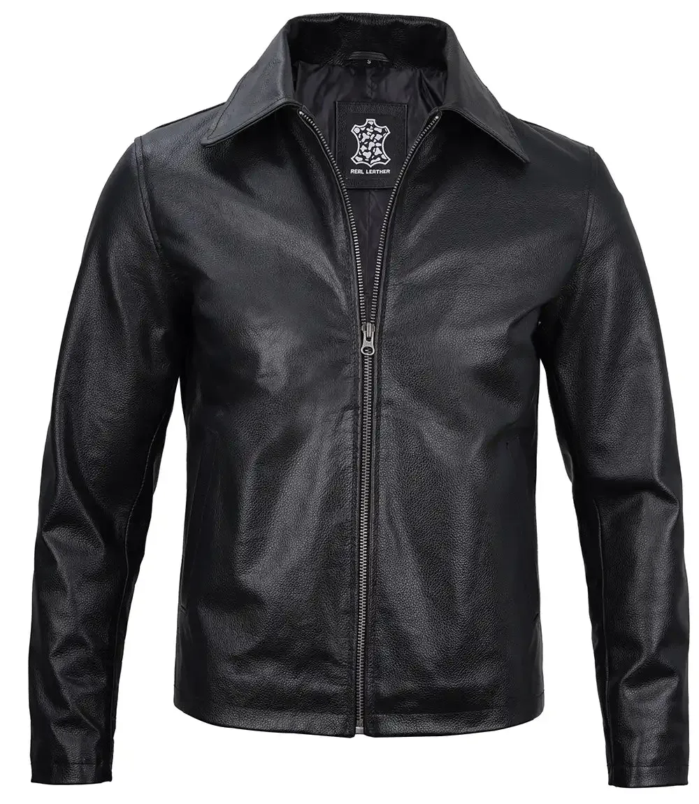 Harrington Men's Black Shirt Collar Cowhide Leather Jacket