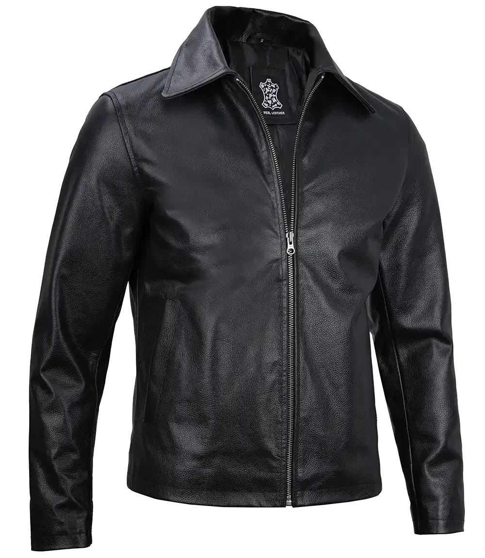 Harrington Men's Black Shirt Collar Cowhide Leather Jacket