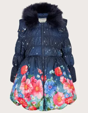 Hooded Floral Print Puffer Coat Teal