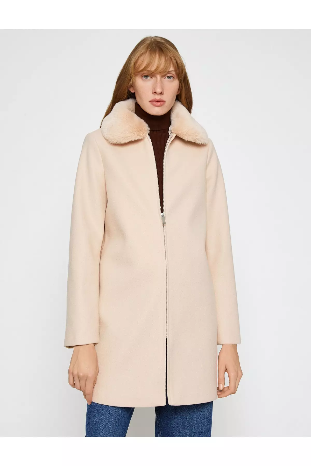 KOTON Faux Fur Collar Zip Coat