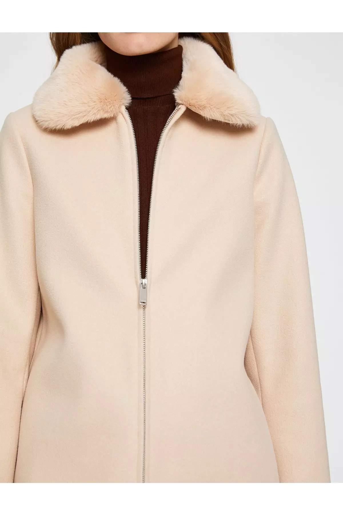 KOTON Faux Fur Collar Zip Coat