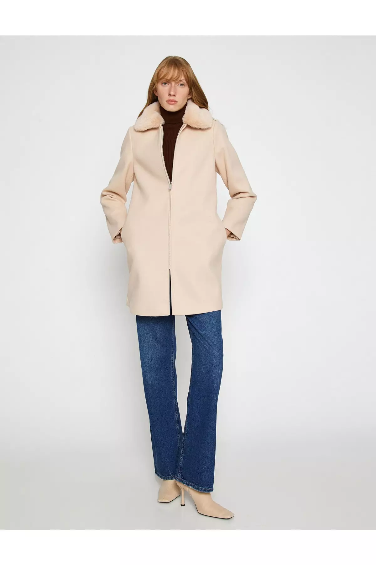 KOTON Faux Fur Collar Zip Coat