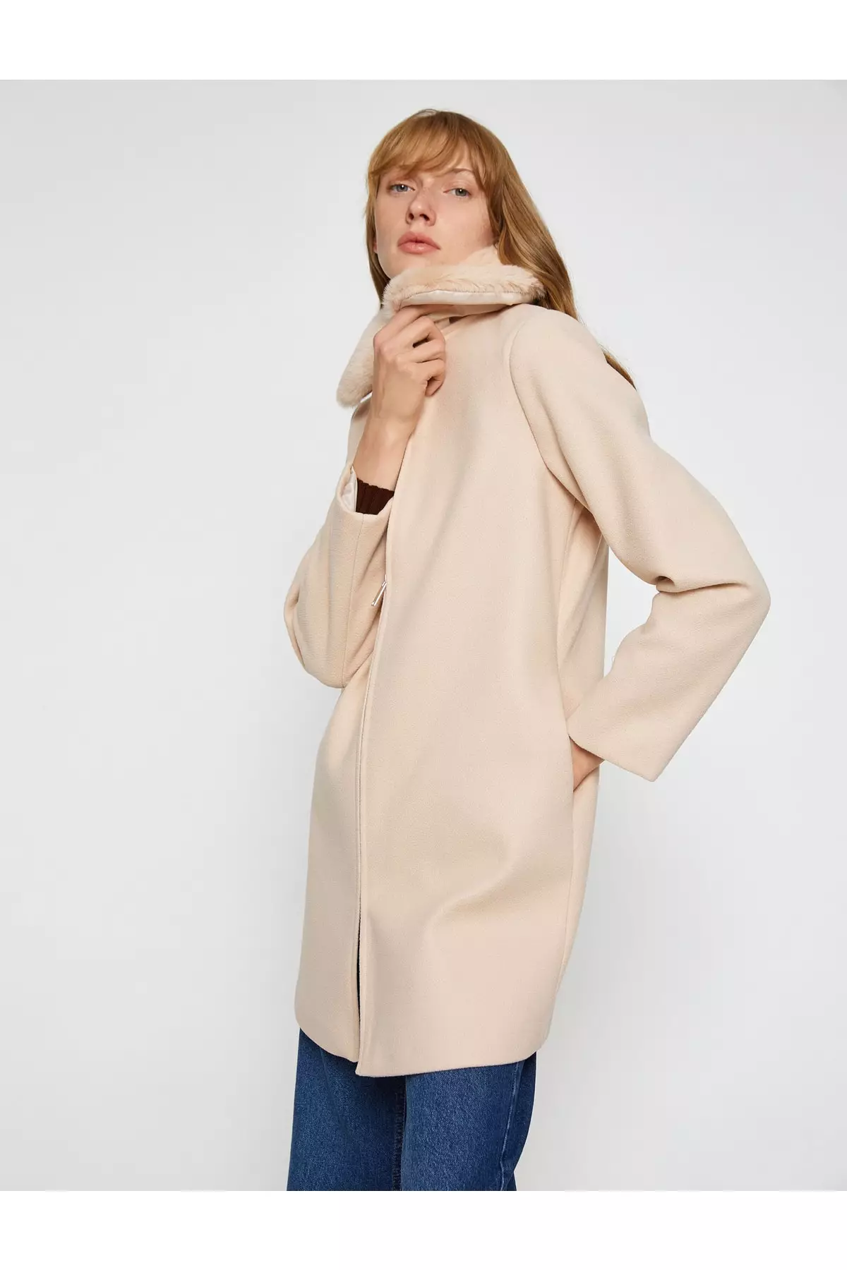 KOTON Faux Fur Collar Zip Coat