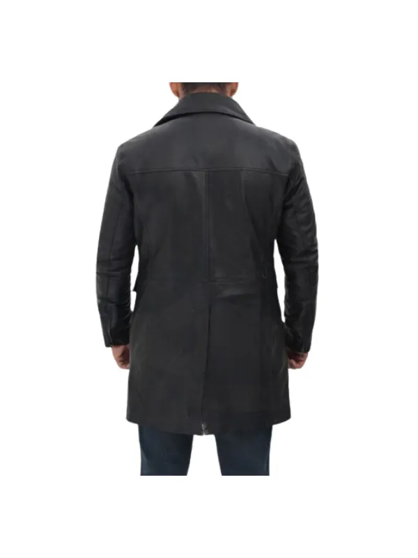 Mens Four Pocket Black Leather Trench Coat