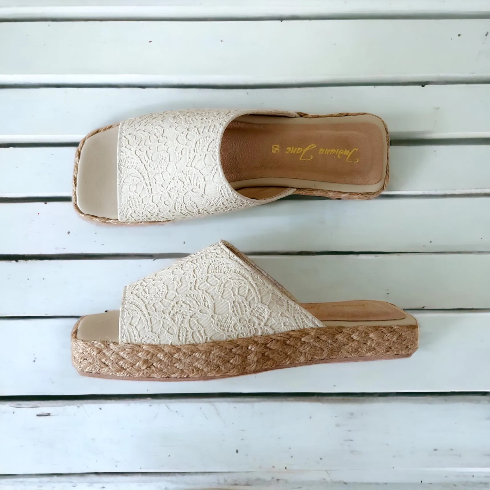 MITHI Lace Textured Leather Abaca Platform Slides