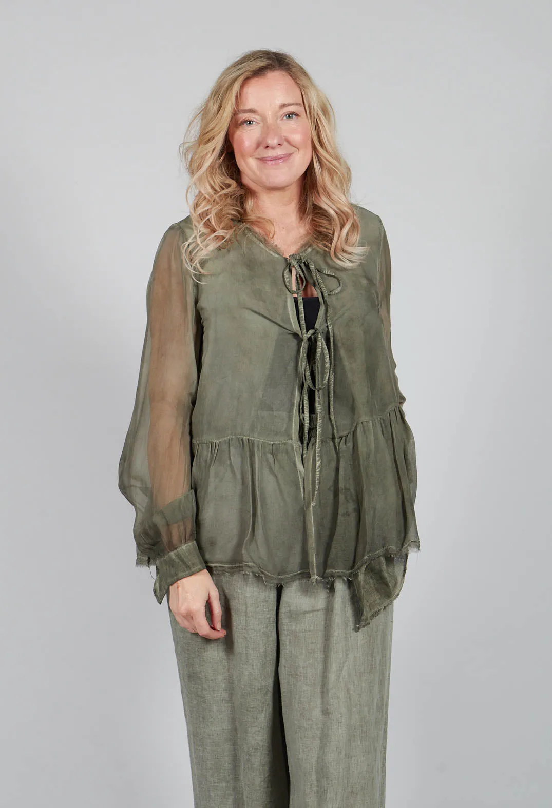 Peplum Tie Blouse in Lino Olive