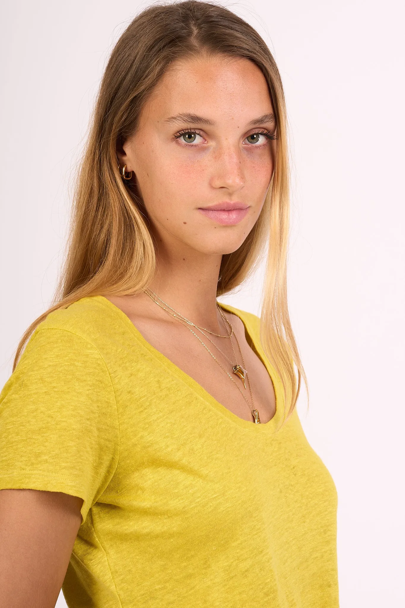 Purotatto T-shirt Lino Scollo Tondo Giallo Donna