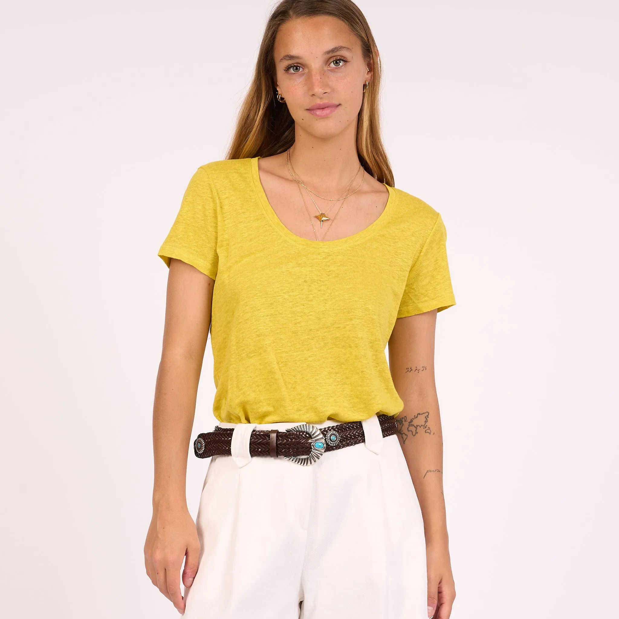 Purotatto T-shirt Lino Scollo Tondo Giallo Donna