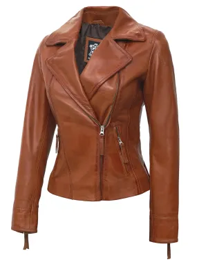 Ramsey Womens Asymmetrical Tan Motorcycle Leather Jacket