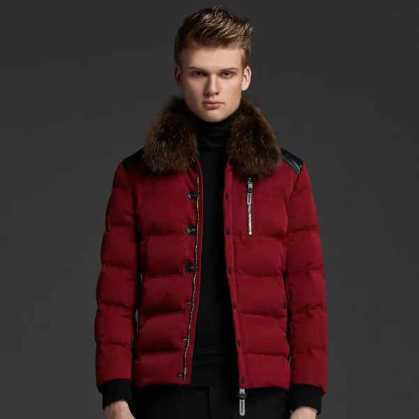 Short Winter Jacket for men with fur collar and leather patches