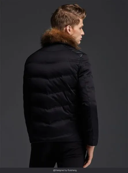 Short Winter Jacket for men with fur collar and leather patches