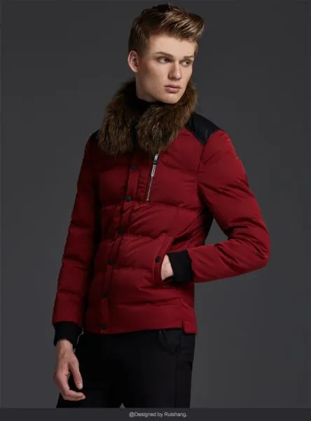 Short Winter Jacket for men with fur collar and leather patches