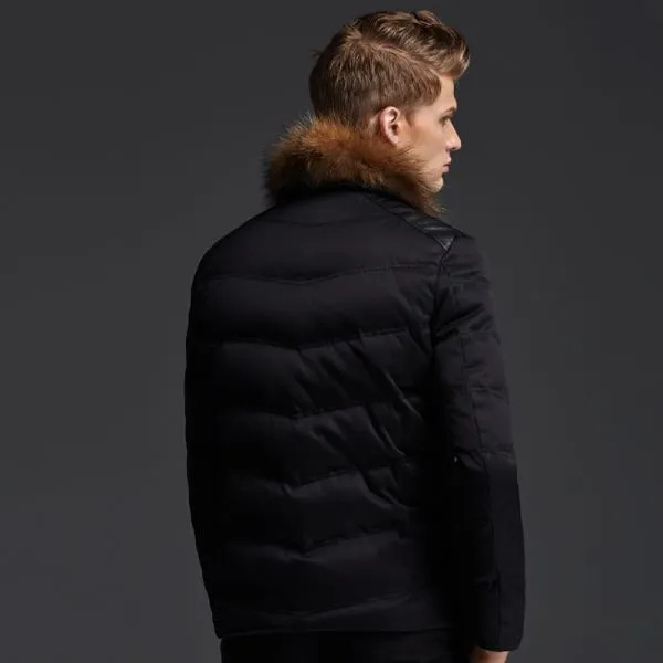 Short Winter Jacket for men with fur collar and leather patches