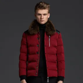 Short Winter Jacket for men with fur collar and leather patches