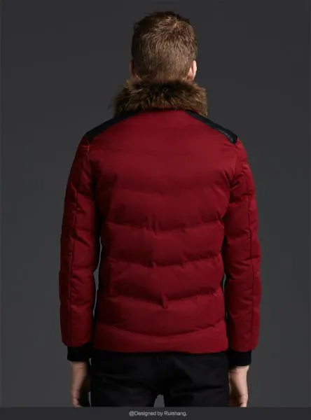 Short Winter Jacket for men with fur collar and leather patches