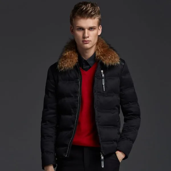 Short Winter Jacket for men with fur collar and leather patches