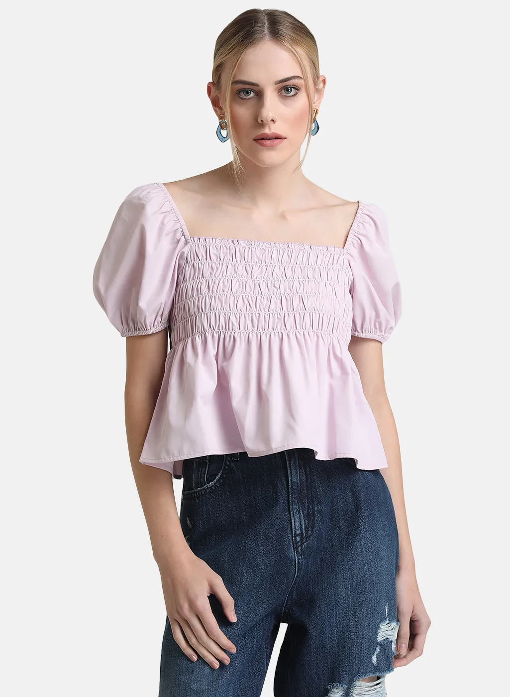 Square Neck Crop Top With Puff Sleeves & Smocking Detail