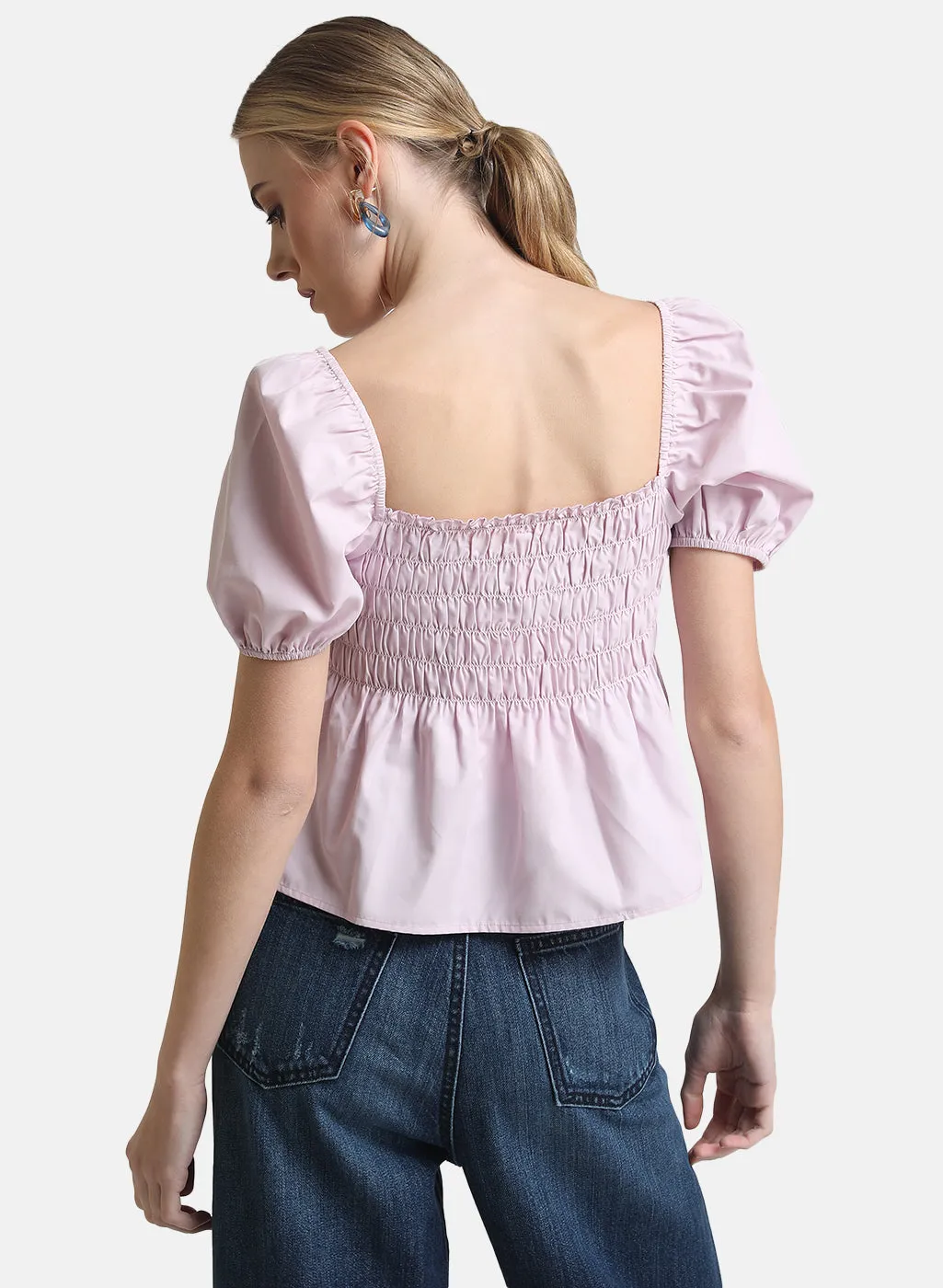 Square Neck Crop Top With Puff Sleeves & Smocking Detail