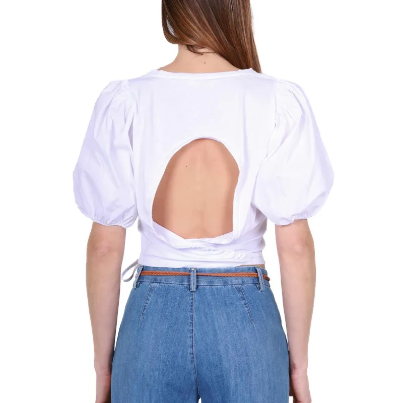 T-SHIRT CROPPED CON MANICHE A PALLONCINO, BIANCO